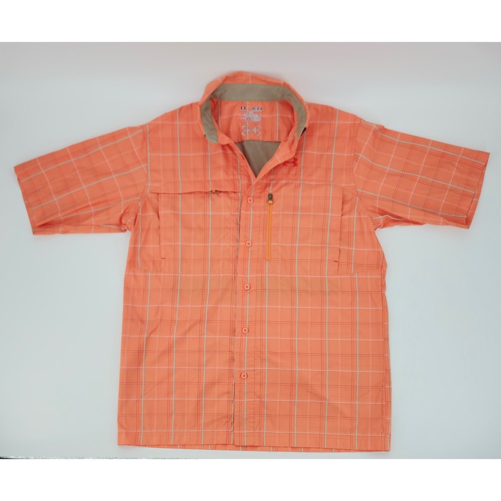 Under Armour HeatGear Mens Medium Orange Plaid Short Sleeve Fishing Shirt Loose